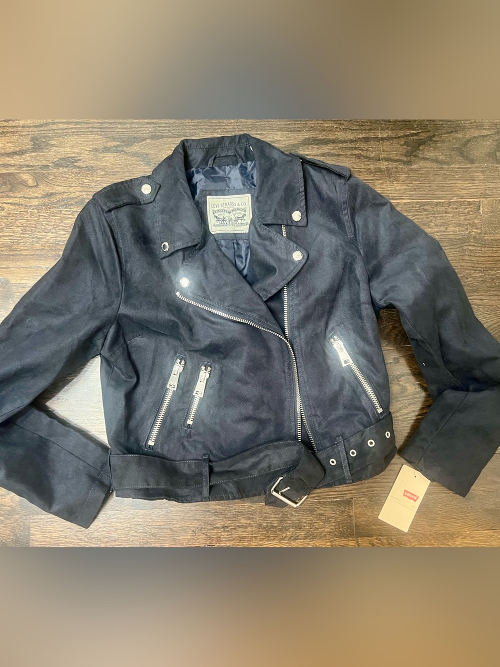 Levi’s Navy Faux Suede Moto Jacket Belted Zip Biker Medium NWT
